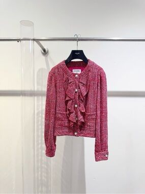 CHANEL Hot Pink Multicolor Tweed Pearl Button Jacket